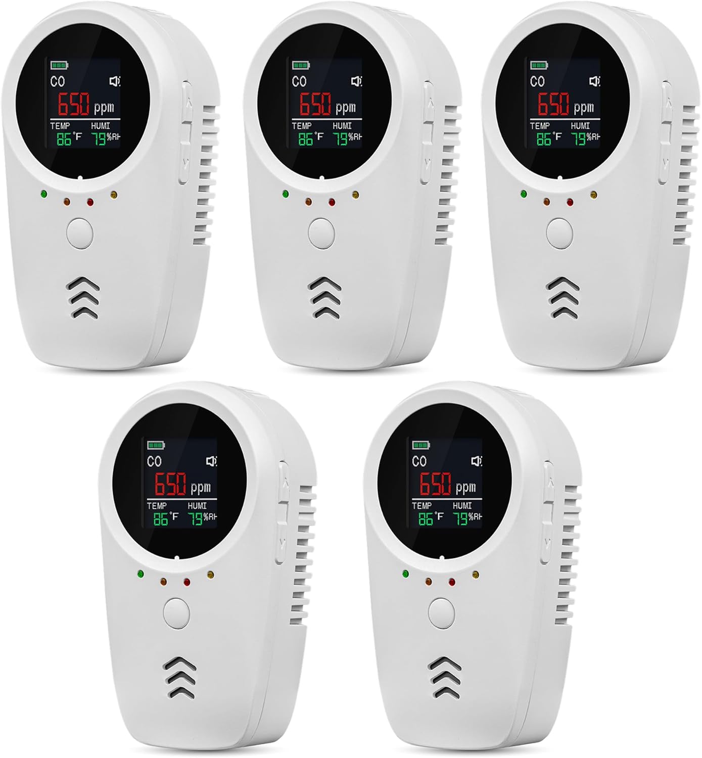 5PCS 5-in-1 Rechargeable Carbon Monoxide & Natural Gas Detectors with Temperature/Humidity LCD Display & 2000mAh Lithium-ion Battery, Portable Plug in Co Detector for Home Travel RV Essentials