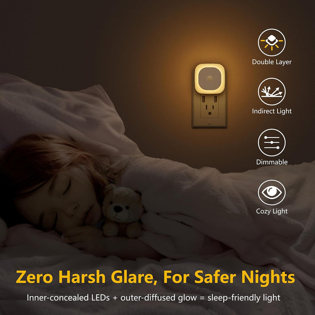2 Pack Plug in Night Light with Motion Sensor & Dusk to Dawn Sensor, 3 Sensor Modes, Dimmable Night Lights Plug into Wall, Warm White Nightlight for Kids, Bathroom, Bedroom, Kitchen, Indoor