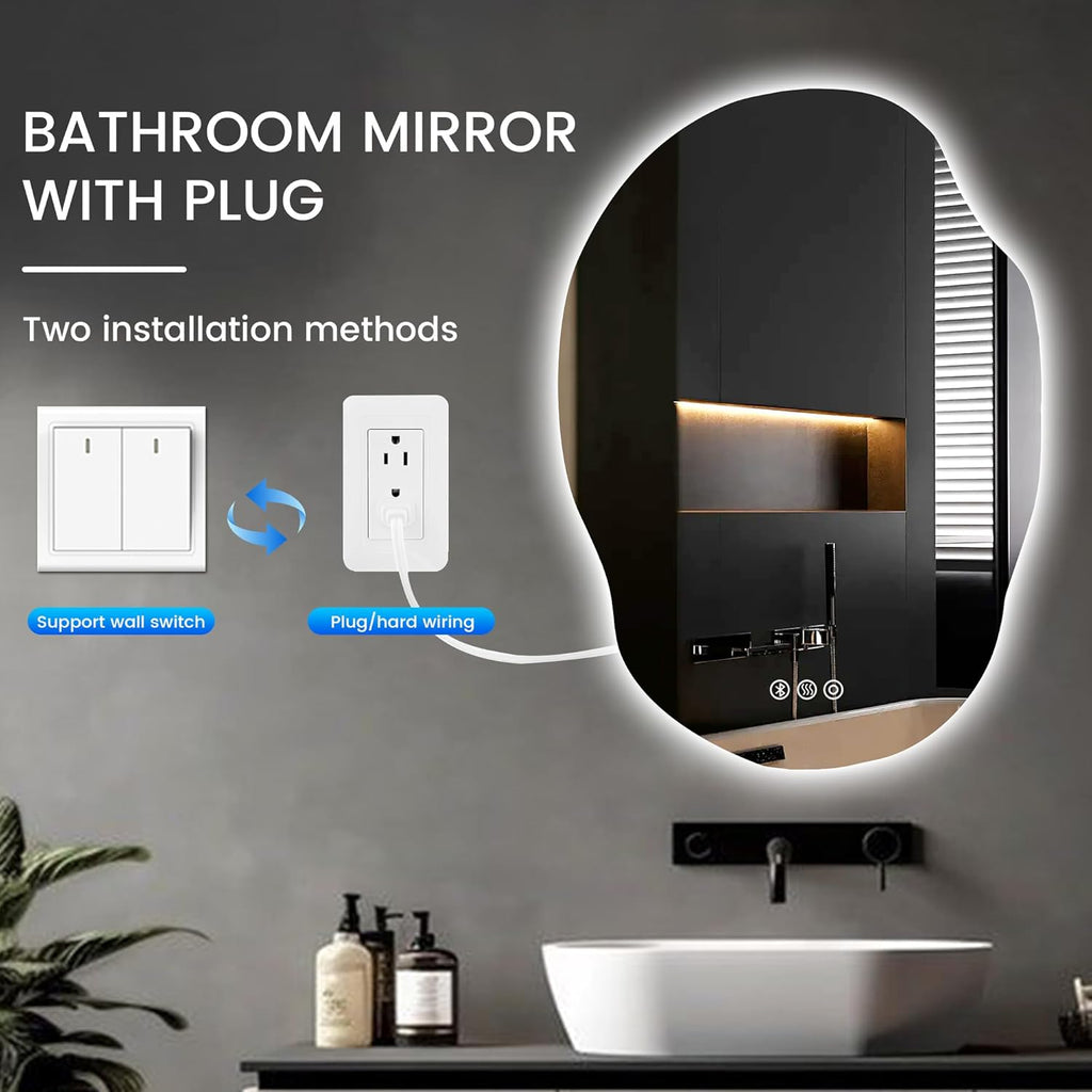 Irregular Led Bathroom Mirror with Bluetooth, 22 x 30 Inch Lighted Mirrors, Backlit Mirror with Anti-Fog, Memory Function, 3 Color Temperature, Dimmable Asymmetrical Led Mirror