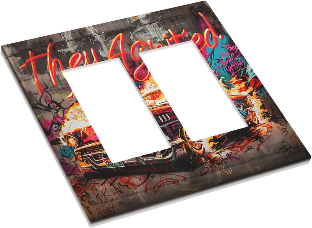 Decorative Outlet Covers Hip Hop Street Graffiti Flame Car 2 Gang Double GFCI Rocker Electrical Wall Panels Light Switch Cover Plate for Bedroom living Room Decor