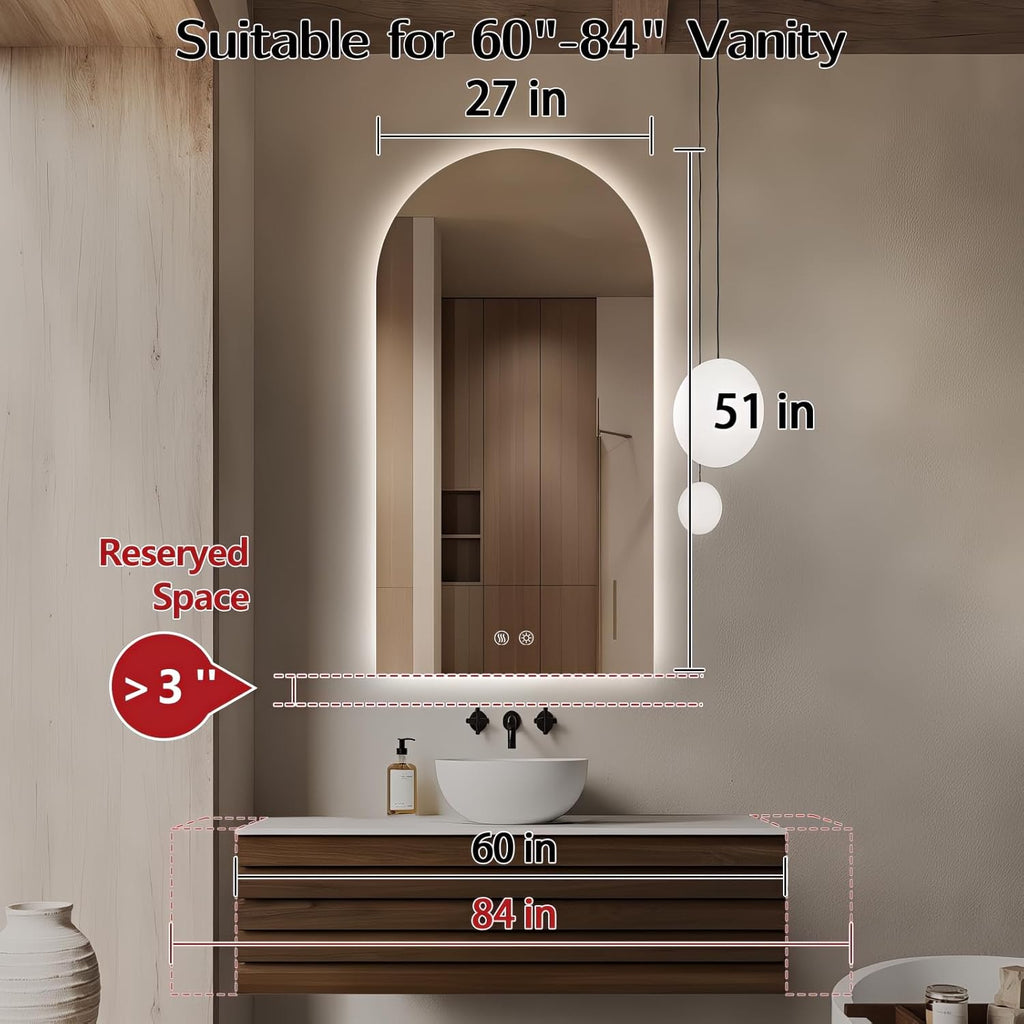 Niccy Arched LED Bathroom Mirror, 51x27 Inch Arch Frameless Backlit Mirrors for Wall Arched Lighted Vanity Mirrors Defogger and 3 Color, Explosion-Proof, HD Glass and IP65 Waterproof
