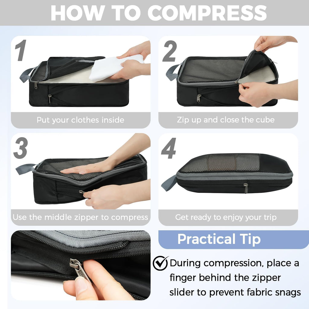 BAGAIL 4 Set/6 Set/8 Set Compression Packing Cubes Travel Accessories Expandable Packing Organizers (Half Mesh, 8-Jet Black)