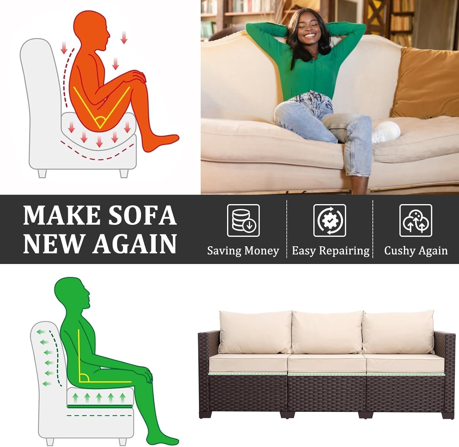 HAVARGO Couch Cushion Support for Outdoor Sagging Seat 20x20x2 Inches Couch Supports for Sagging Cushions, Quick-Drying and High Density Foam Sofa Cushion Support with Anti Slip Mesh Fabric Set of 2