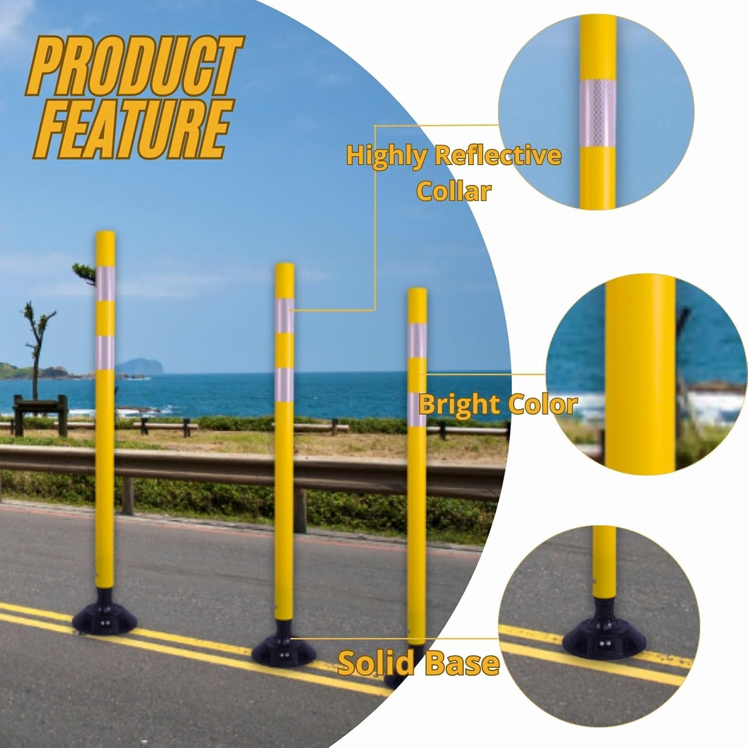 BESEA 8PCS 48" Traffic Delineator Posts with Detachable Base & High-Visibility Reflective Collars,Yellow Durable Flexible Safety Cones for Work Zones, Parking Lots, and Roadways