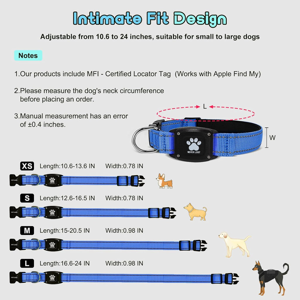 GPS Dog Collar Tracker 2-in-1,Reflective Waterproof Pet Collar,iOS-Only,No Monthly Fees,Unlimited Range,Ideal for Dog Tracking pet Tracker,for Small Medium Large Dogs(M (15"-20.5"), Blue)