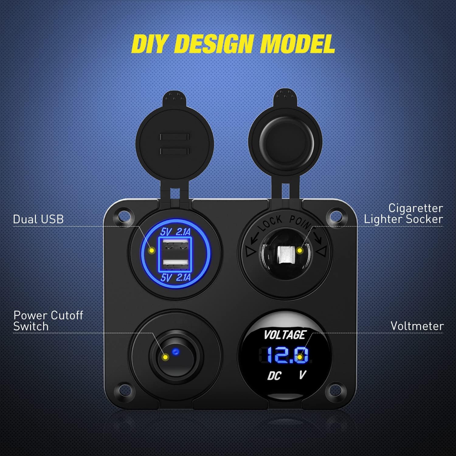 Nilight 4 in 1 ON OFF Charger Socket Panel Dual USB Charger Power Outlet LED Voltmeter Cigarette Lighter Socket LED On Off Rocker Toggle Switch for Truck Car Marine Boats RV, 2 Yeas Warranty