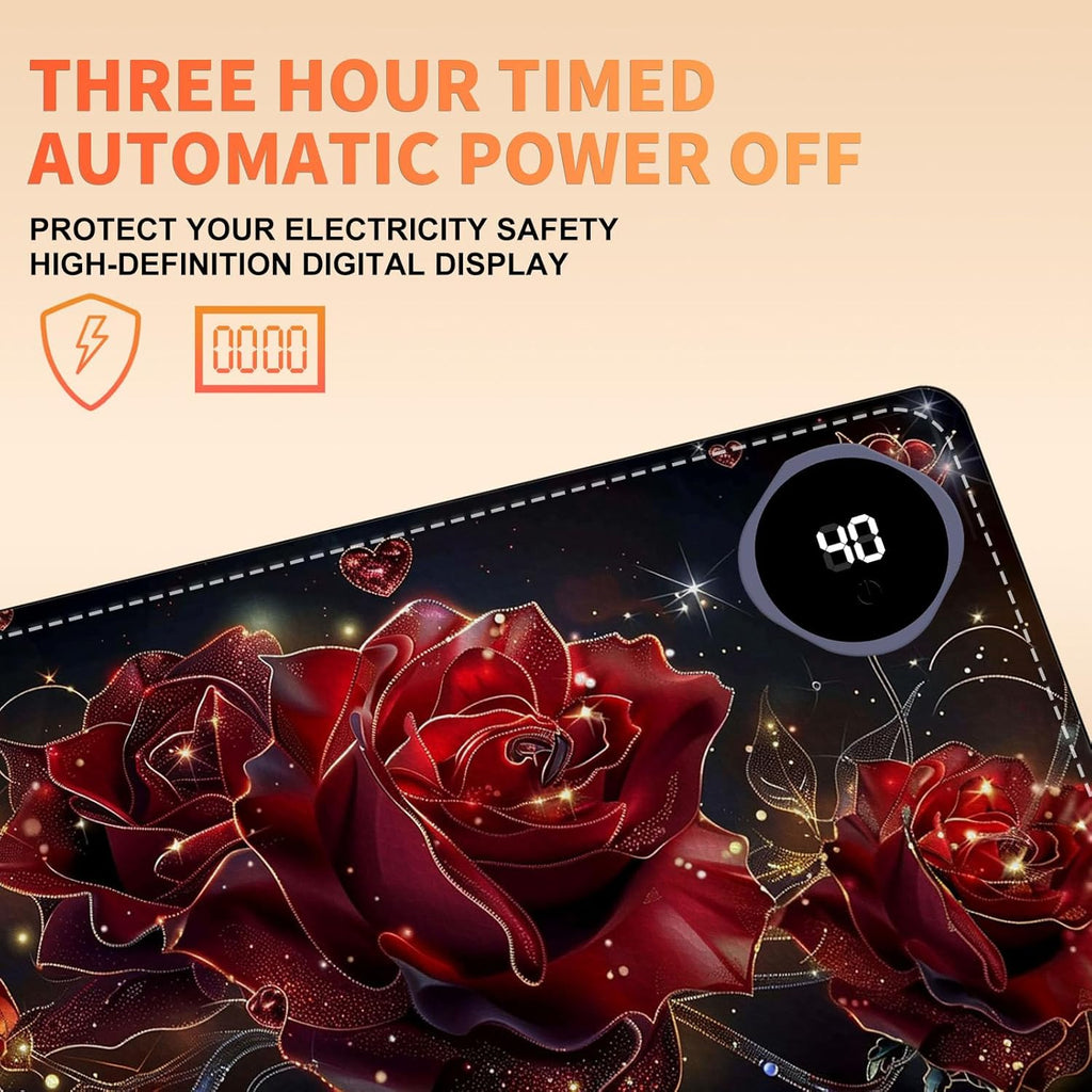 Heated Mouse Pad, Warm Desk Pad, Keyboard Mat 23.6 x 14 Inch Large Size Intelligent Fast Heating, 3 Speed Adjustable, Timed Auto Power Off for Game Office Home, Flowers Roses