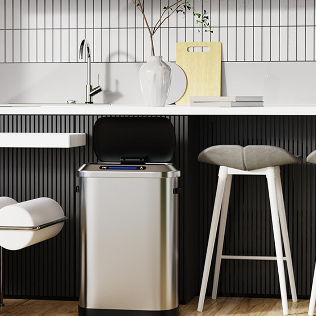 Touchless Automatic Motion Sensor Trash Can, 50L/13 Gallon Stainless Steel Smart Bin for Kitchen, Office, Bedroom, Living Room with Built-in Bag Holder - Black