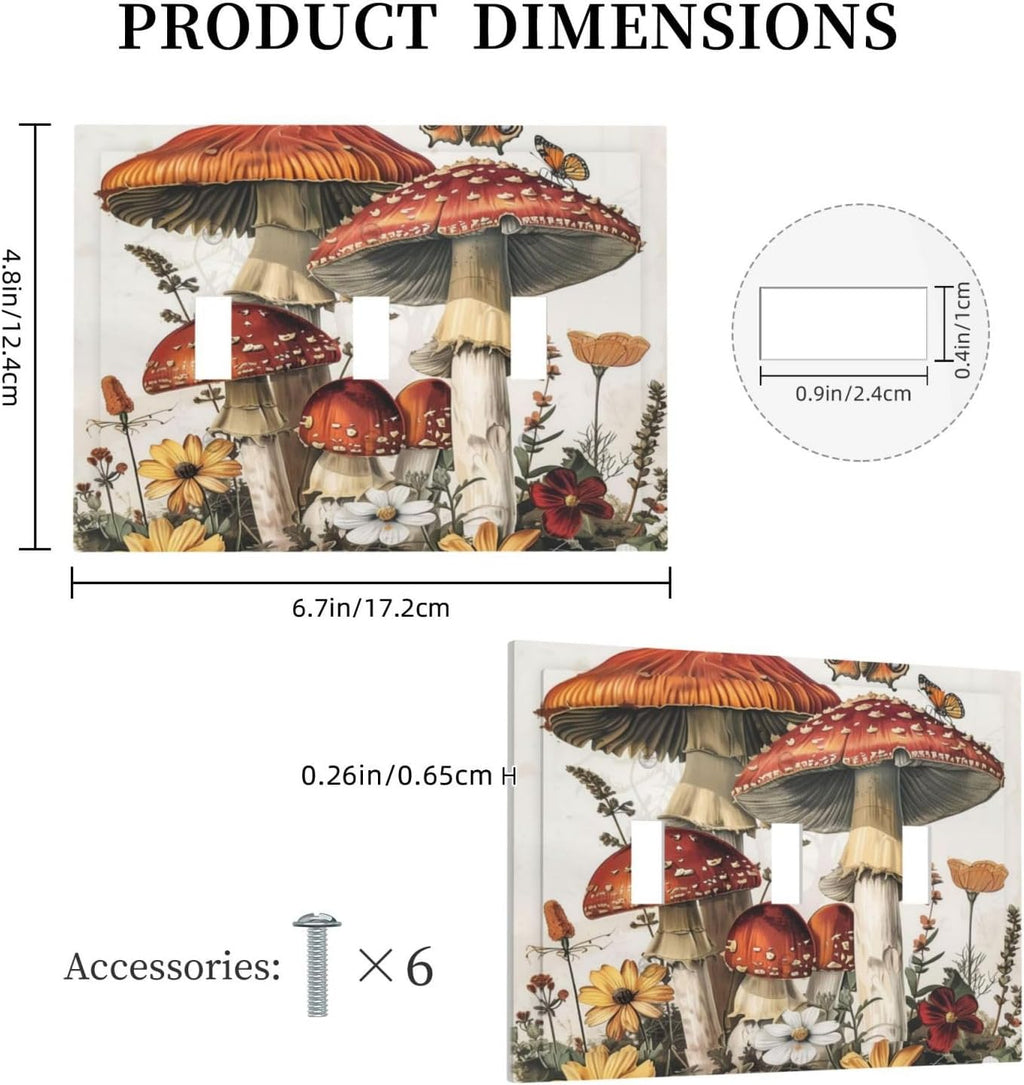 Decorative Switch Plates Mushroom Forest Butterfly Wild Flower 3 Gang Wall Plate Triple Toggle Light Switch Cover Faceplate Electrical Wall Panels For Bed Room Living Room Decor