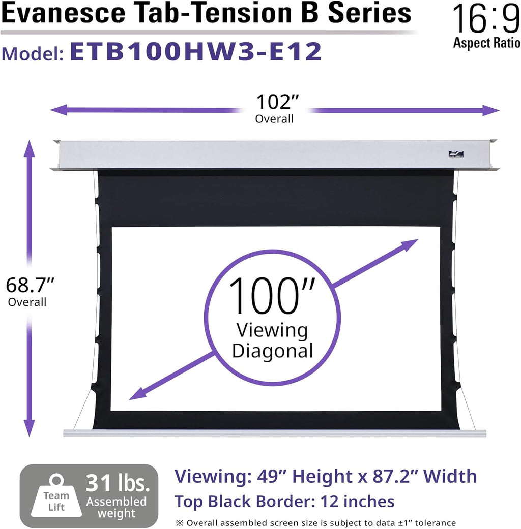 Elite Screens Evanesce Tab-Tension B, 100-inch 16:9, 4K / 8K HD, Recessed in-Ceiling Electric Tab Tensioned Projector Screen, Matte White Projection Screen Surface Programmed Remote Kit, ETB100HW3-E12