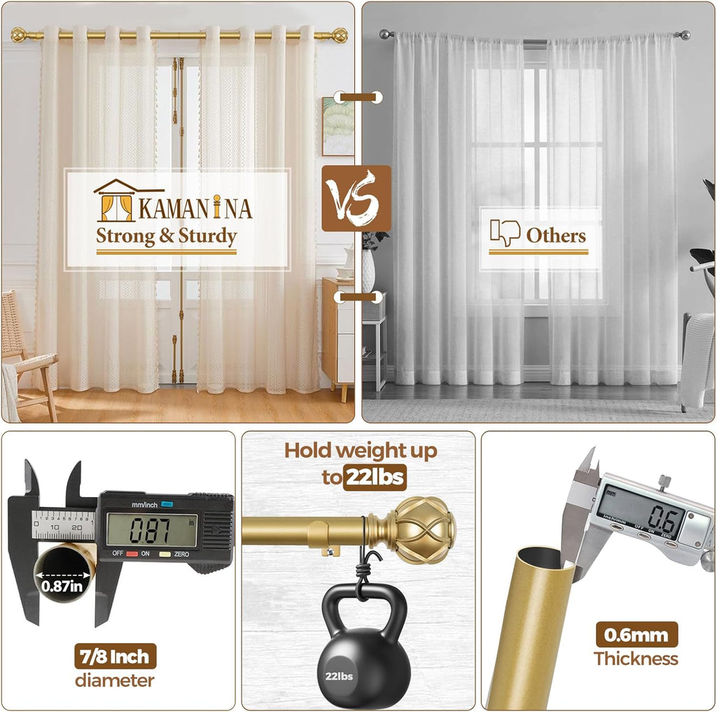 KAMANINA Gold Curtain Rod 72 to 144 Inch (6-12 Feet), Telescoping Single Drapery Rods, 7/8 Inch Heavy Duty Curtain Rods for Windows 66 to 144 Inches, Netted Texture Finials