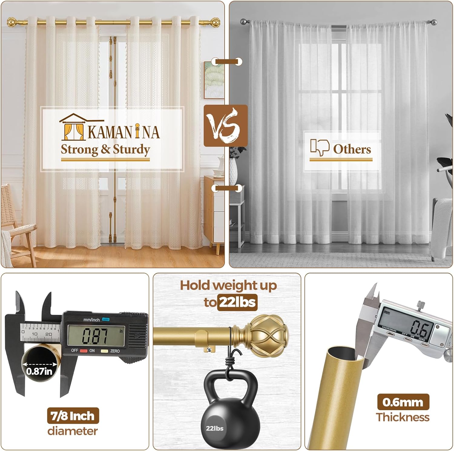 KAMANINA Curtain Rods for Windows 66 to 120 Inch, 7/8 Inch Gold Heavy Duty Curtain Rod 32 to 120 (2.6-10ft), Adjustable Decorative Drapery Rods with Netted Texture End