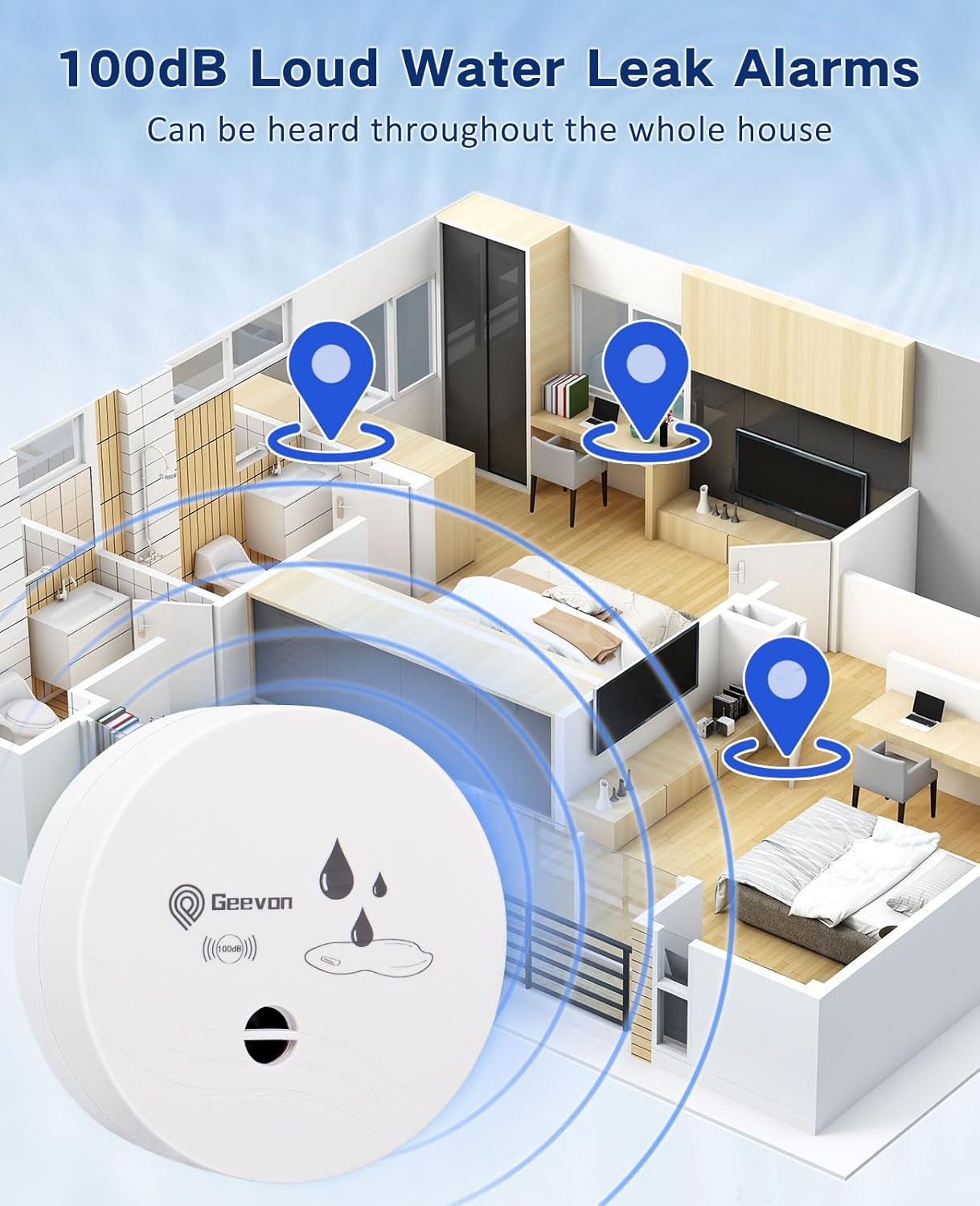 Geevon 8 Pack Water Leak Detectors, 100dB Water Sensor Alarms Flood Detector for Basements, Bathrooms, Laundry Rooms, Kitchens, Garages, and Attics, Water Alarms Battery-Operated (Battery Included)