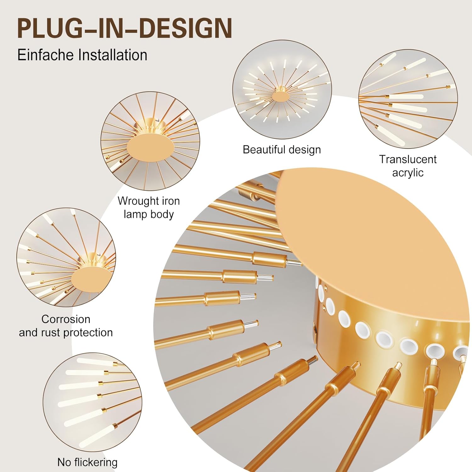 Modern Ceiling Light Flower Shape, Metal Firework Ceiling Lamp with Plug-in LED Source, Lighting Fixture for Living Room Dining Room Bedroom, Natural Light