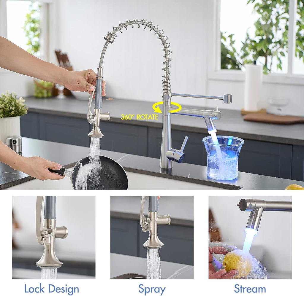 AIMADI Pull Down Kitchen Faucet with Sprayer,Commercial Single Handle Stainless Steel Brushed Nickel Kitchen Sink Faucet with LED Light