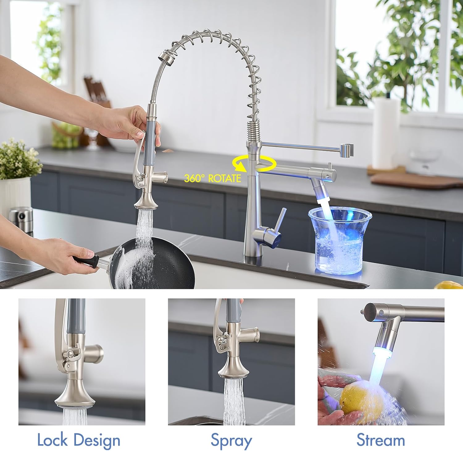 AIMADI Pull Down Kitchen Faucet with Sprayer,Commercial Single Handle Stainless Steel Brushed Nickel Kitchen Sink Faucet with LED Light