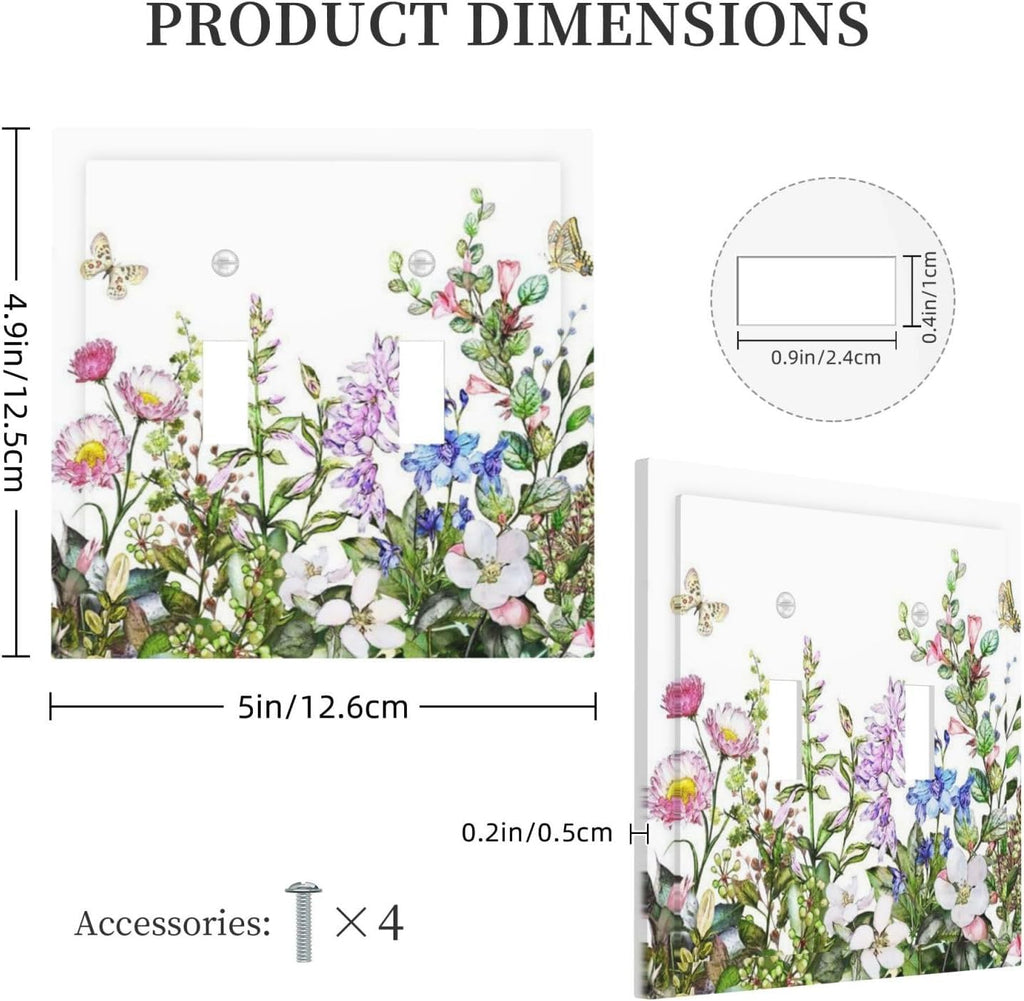 Boho Colorful Wildflowers Butterfly Green Plant Leaf Double Toggle Light Switch Covers 2 Gang Wall Plate Dual Decorative Switchplate Electrical Faceplate for Country Bathroom Bedroom Decor