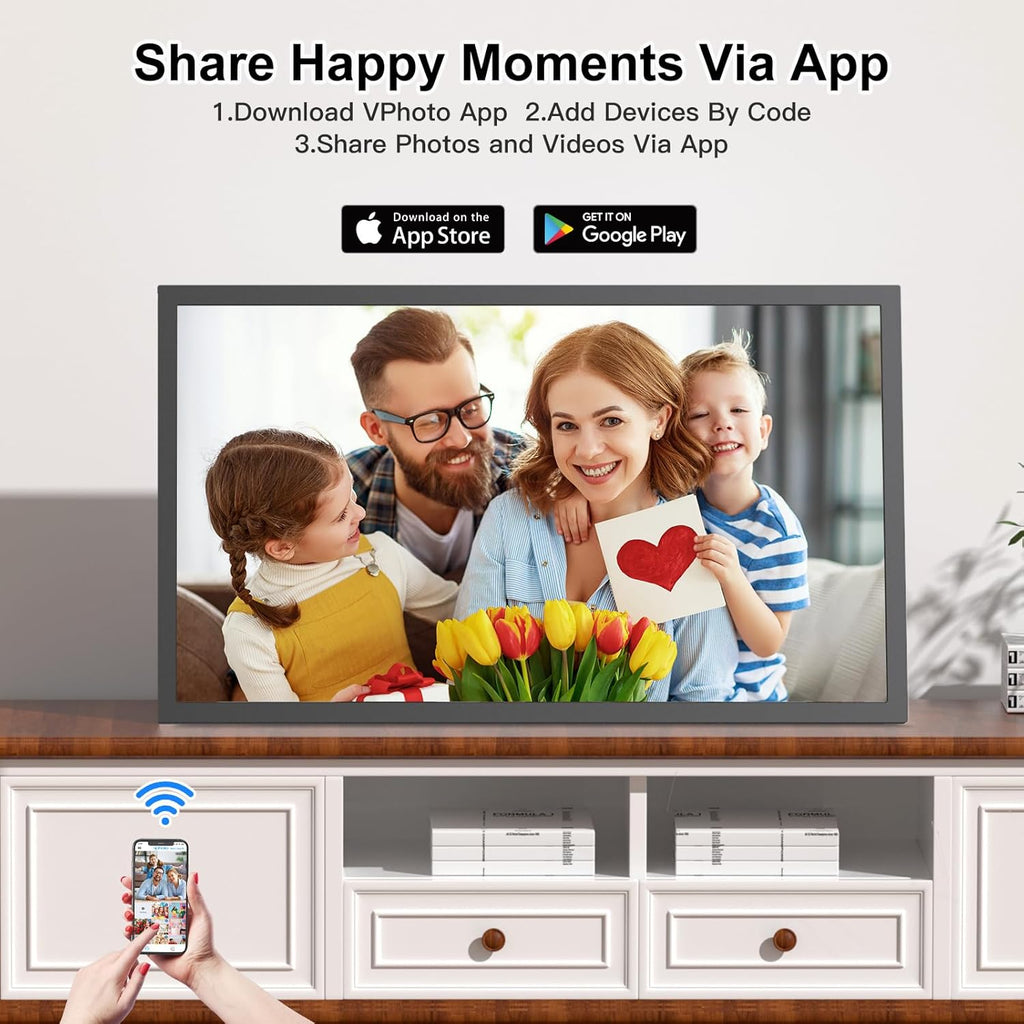 Large Digital Picture Frame 21.5 inch WiFi-Photo-Frame - 32GB, 1920x1080 IPS FHD, Auto Rotate, Load Photos Videos from Phone via App Email, Free Cloud Storage, Wall Mounted, Gift for Father Mother