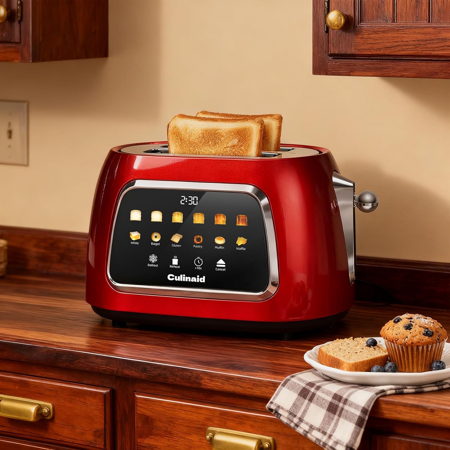 Toaster 2 Slice Smart Touch Screen, Retro 1.5'' Extra Wide Slot Stainless Steel Digital Bread Toaster with Memory Function, Bagel, Defrost, 6 Browning Levels and Removable Crumb Tray, Red