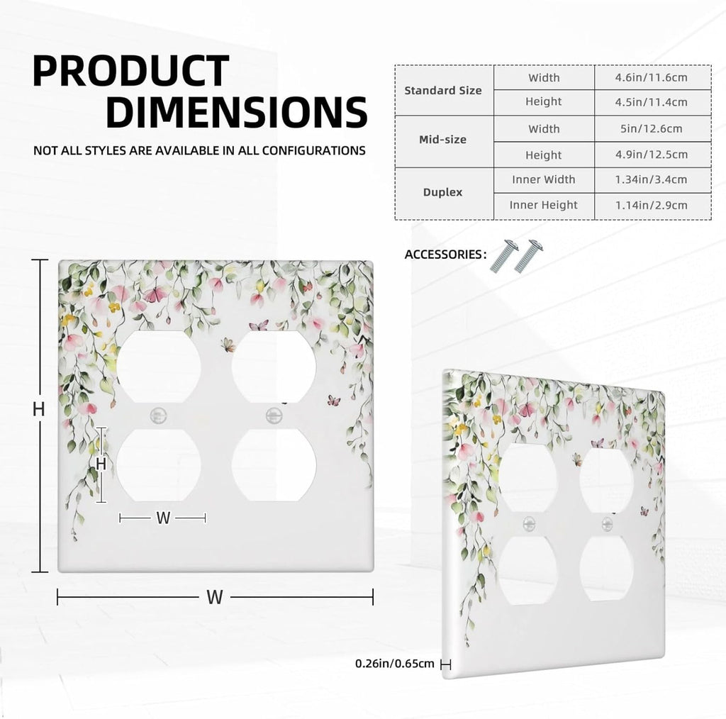 Watercolor Flowers Vine Colorful Butterfly Floral Outlet Covers 2 Gang Double Duplex Decorative Light Switch Covers Electrical Wallplates Socket Faceplate For Bed Room Living Room Decor