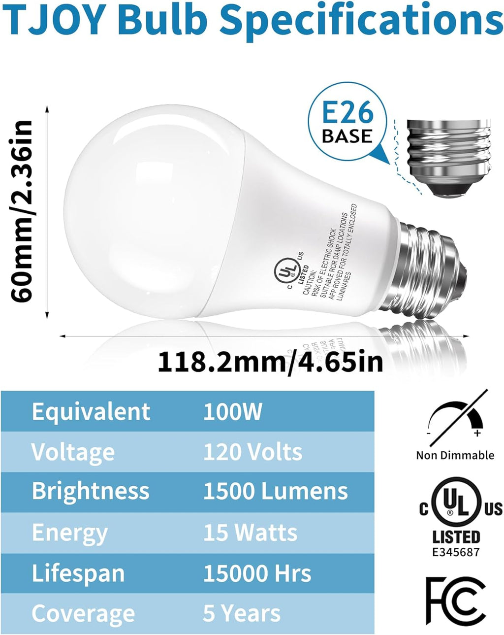 TJOY 6 Pack LED Light Bulbs, 100 Watt Equivalent A19 Lightbulbs, 15W 5000K Daylight White, Bright Energy Efficient LED Bulb, 1500 Lumens E26 Standard Screw Base Lamp for Kitchen Indoor, Non-Dimmable