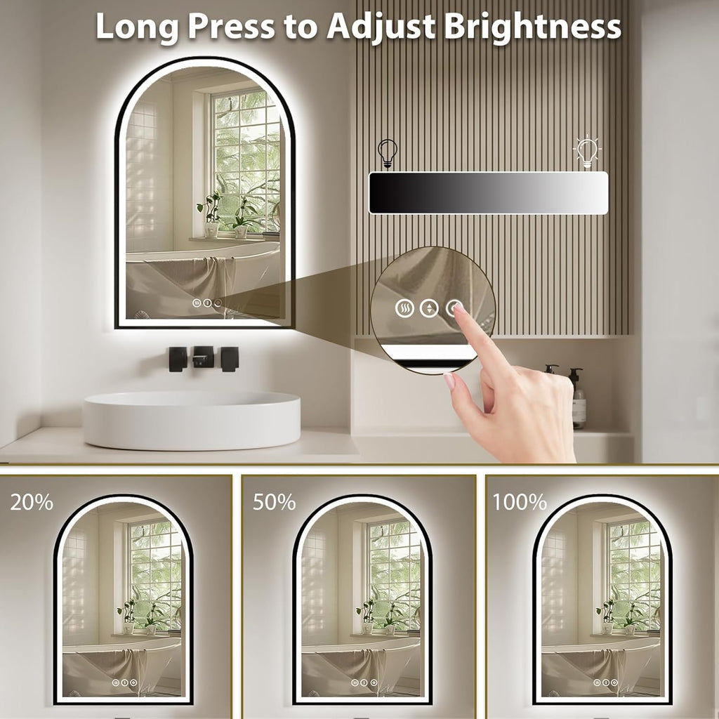 Arch Vanity Mirror with Lights, 24x36 Inch Led Mirror for Bathroom, Wall-Mounted Mirror with Anti-Fog, Memory Function, 3 Color Temperature, Dimmable Led Bathroom Mirror