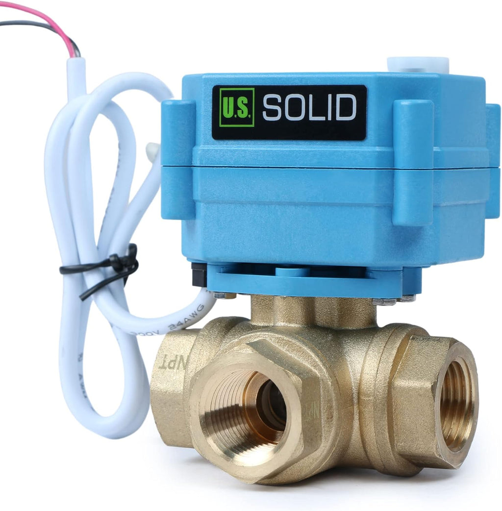 U.S. Solid 1/2" 3 Way Brass Motorized Ball Valve 110-230VAC, L Type Water Shutoff Valve with Manual Function, Standard Port, NOT for Drinking Water