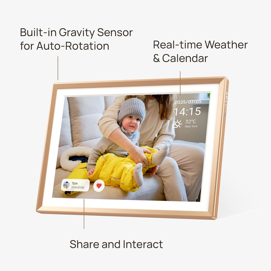 ARZOPA D14 Metal Digital Picture Frame with Large Display 14" HD IPS Anti-Glare Touch Screen Load Photos & Videos Directly from Phone Exquisite Decoration Ideal for Upscale Gifting - Champagne Gold