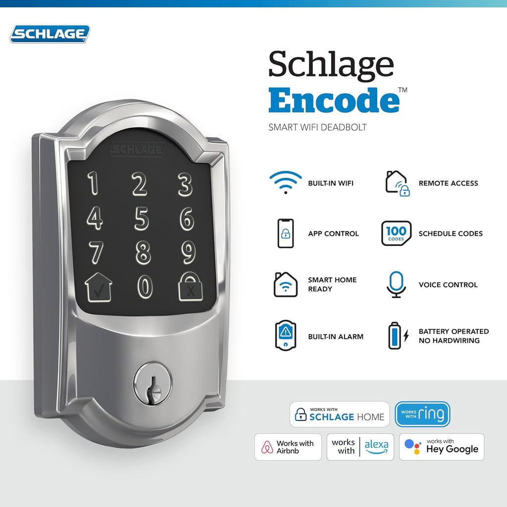 Schlage Encode Smart WiFi Deadbolt with Camelot Trim In Bright Chrome