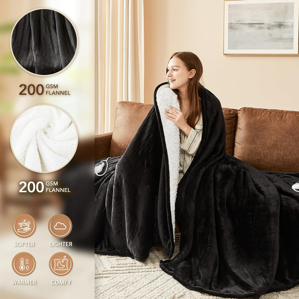 Homemate Heated Electric Blanket Queen Size - 84"x90" Heating Bed Blanket Throw with 10 Heating Levels 8 Hours Auto Off Fast Heating Over-Heat Protection Ultra Soft Flannel ETL Certified, Black