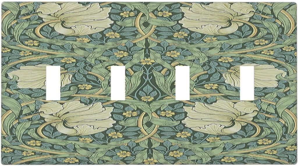 Light Switch Covers Vintage Floral Plant Sage Green William Morris Quad Toggle 4 Gang Wall Plate Electrical Faceplate Decorative Switch Plates for Bedroom Home Decor
