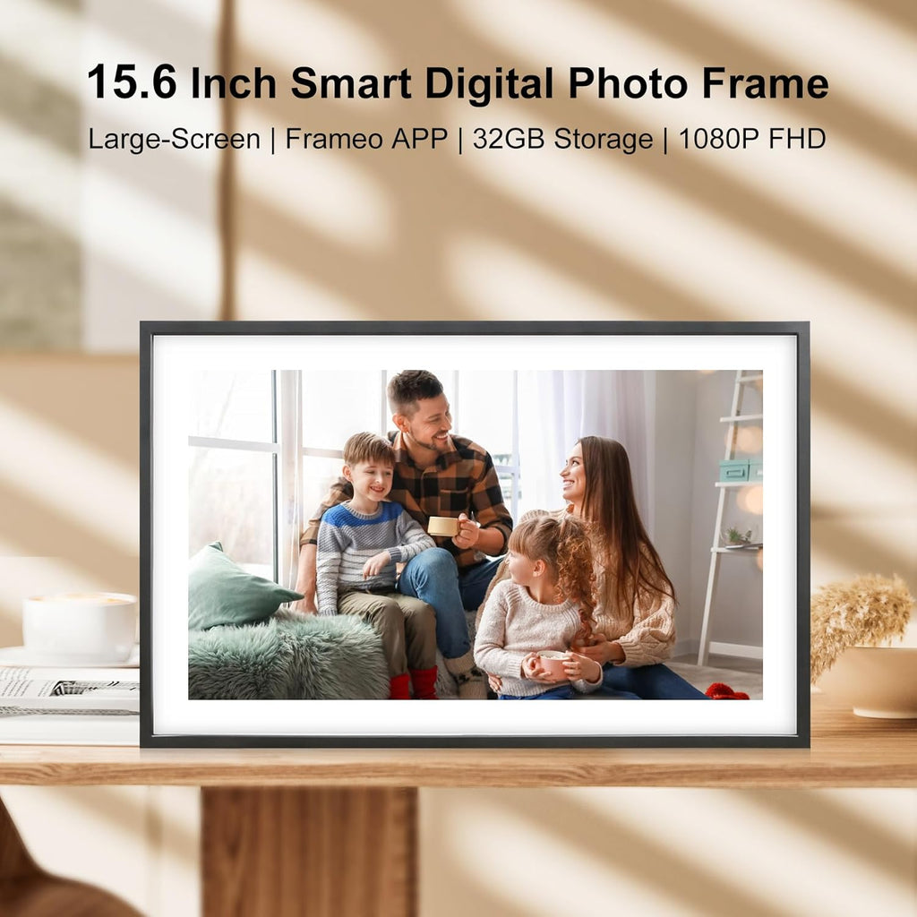 Frameo 15.6 Inch Large Digital Photo Frame, Digital Picture Frame WiFi with 32GB, 1920 * 1080 IPS HD Touch Screen, Electronic Picture Frame IPS Touch Screen with Auto-Rotate, Frameo Digital Frame Wifi