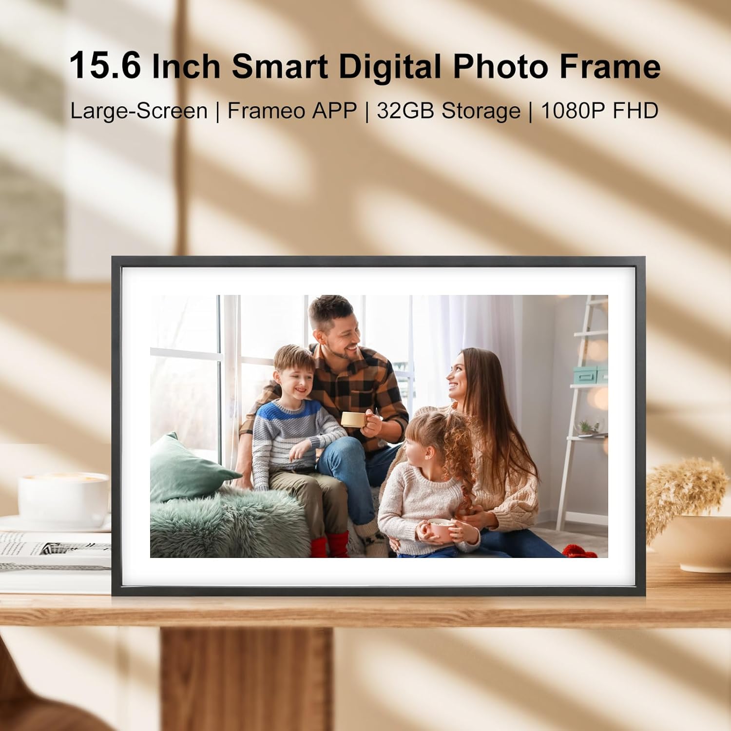 Frameo 15.6 Inch Large Digital Photo Frame, Digital Picture Frame WiFi with 32GB, 1920 * 1080 IPS HD Touch Screen, Electronic Picture Frame IPS Touch Screen with Auto-Rotate, Frameo Digital Frame Wifi