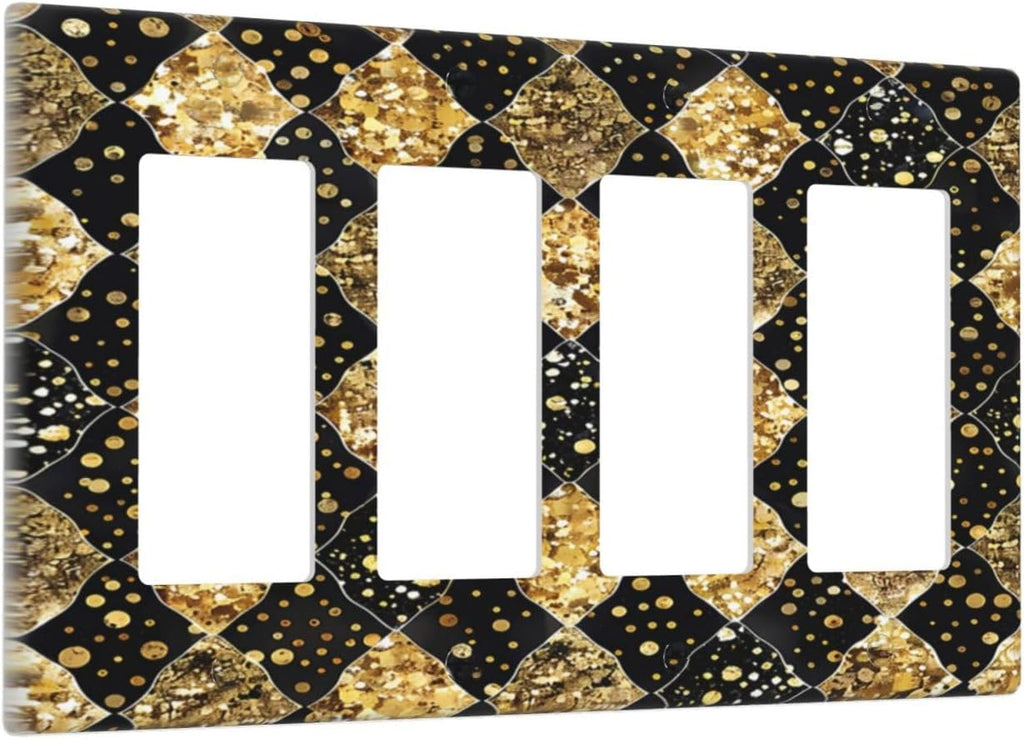 Gold Black Marble Geometric Plaid Glitter Wallplates 4 Gang Quad Rocker Decorative Light Switch Covers Electrical GFCI Faceplate Switch Plate for Bedroom Bathroom Decor