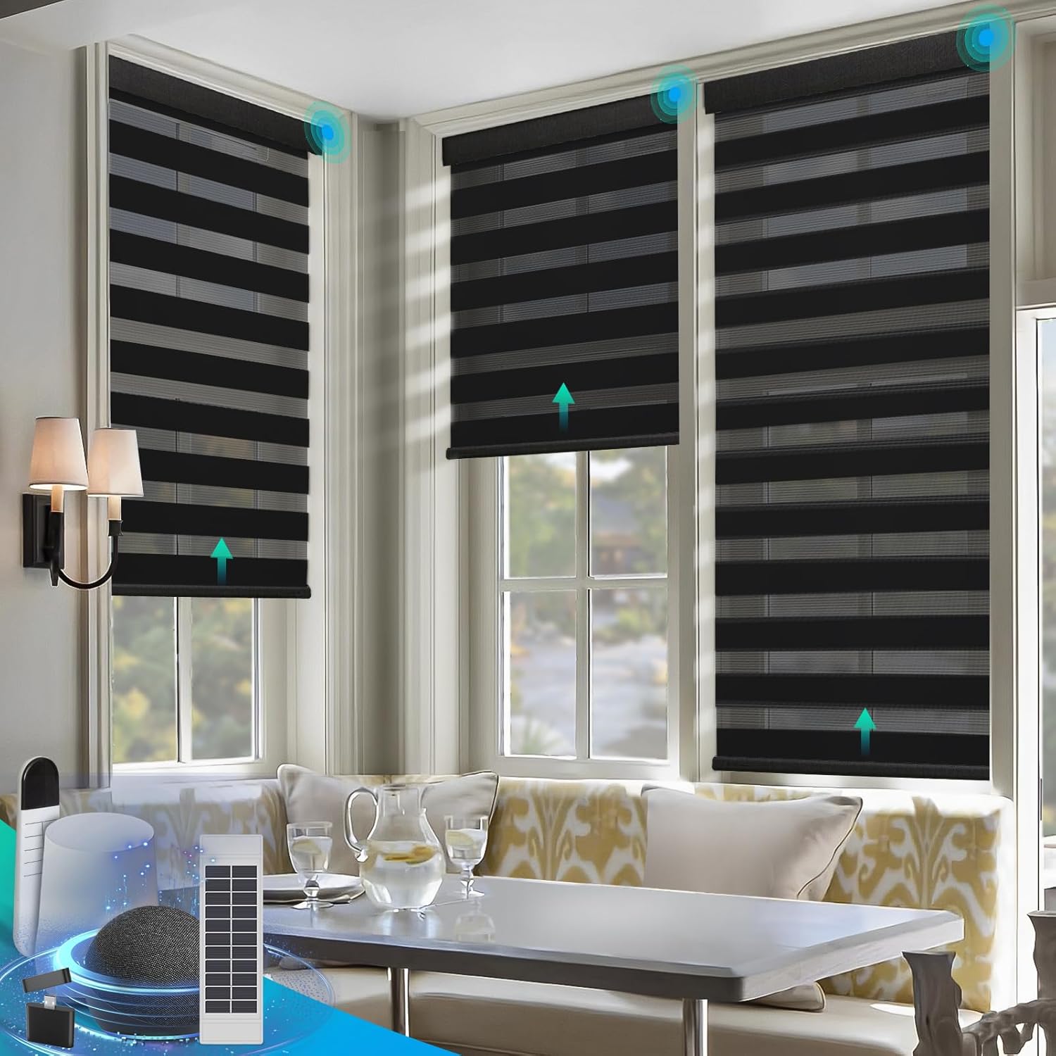 Motorized Zebra Blinds, Solar Powered Dual Layer Automatic Shades with Remote Control, Rechargeable Smart Blinds Horizontal Wireless Electric Shades for Windows, Custom Size, Black， 34 x 72