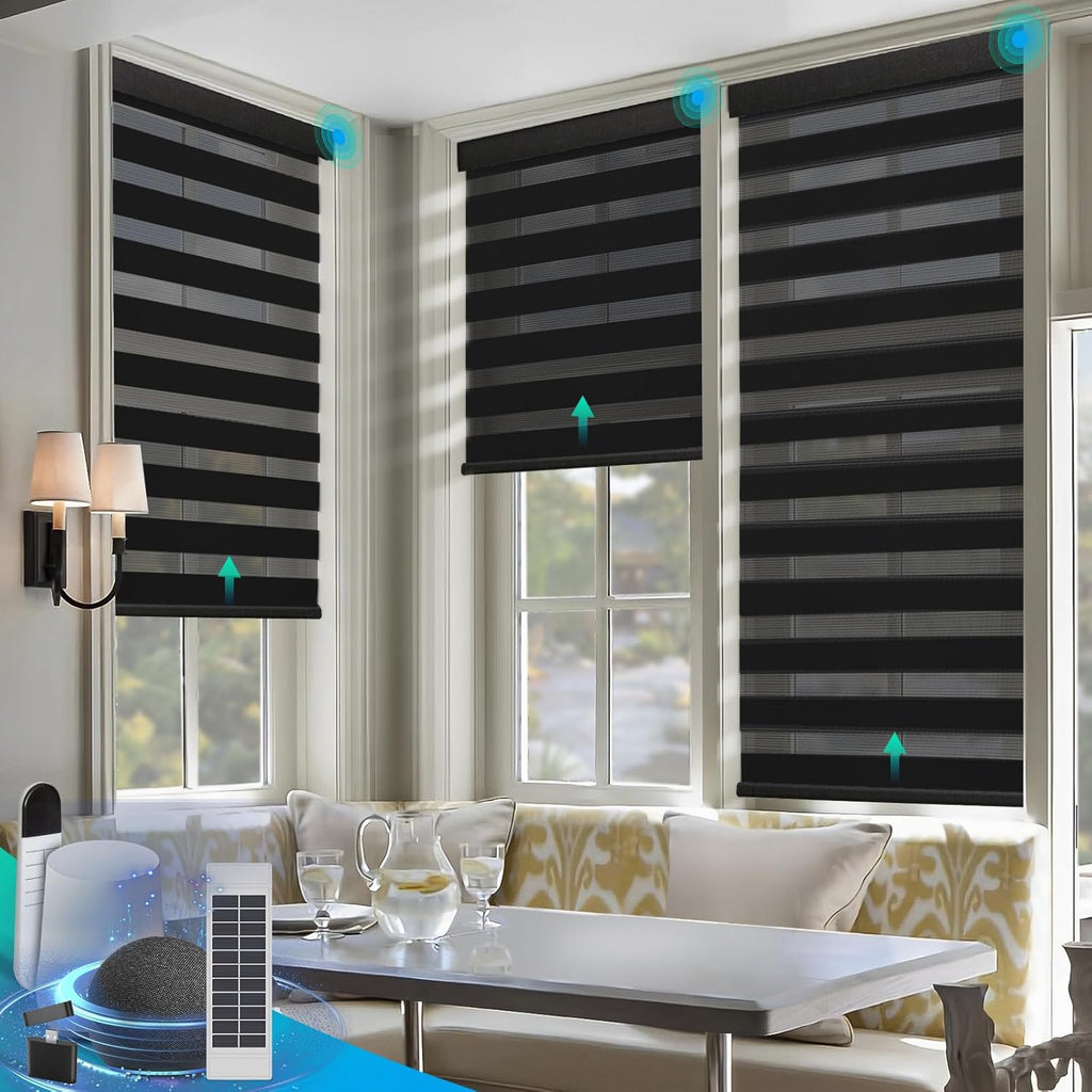 Motorized Zebra Blinds, Solar Powered Dual Layer Automatic Shades with Remote Control, Rechargeable Smart Blinds Horizontal Wireless Electric Shades for Windows, Custom Size, Black， 27 x 72