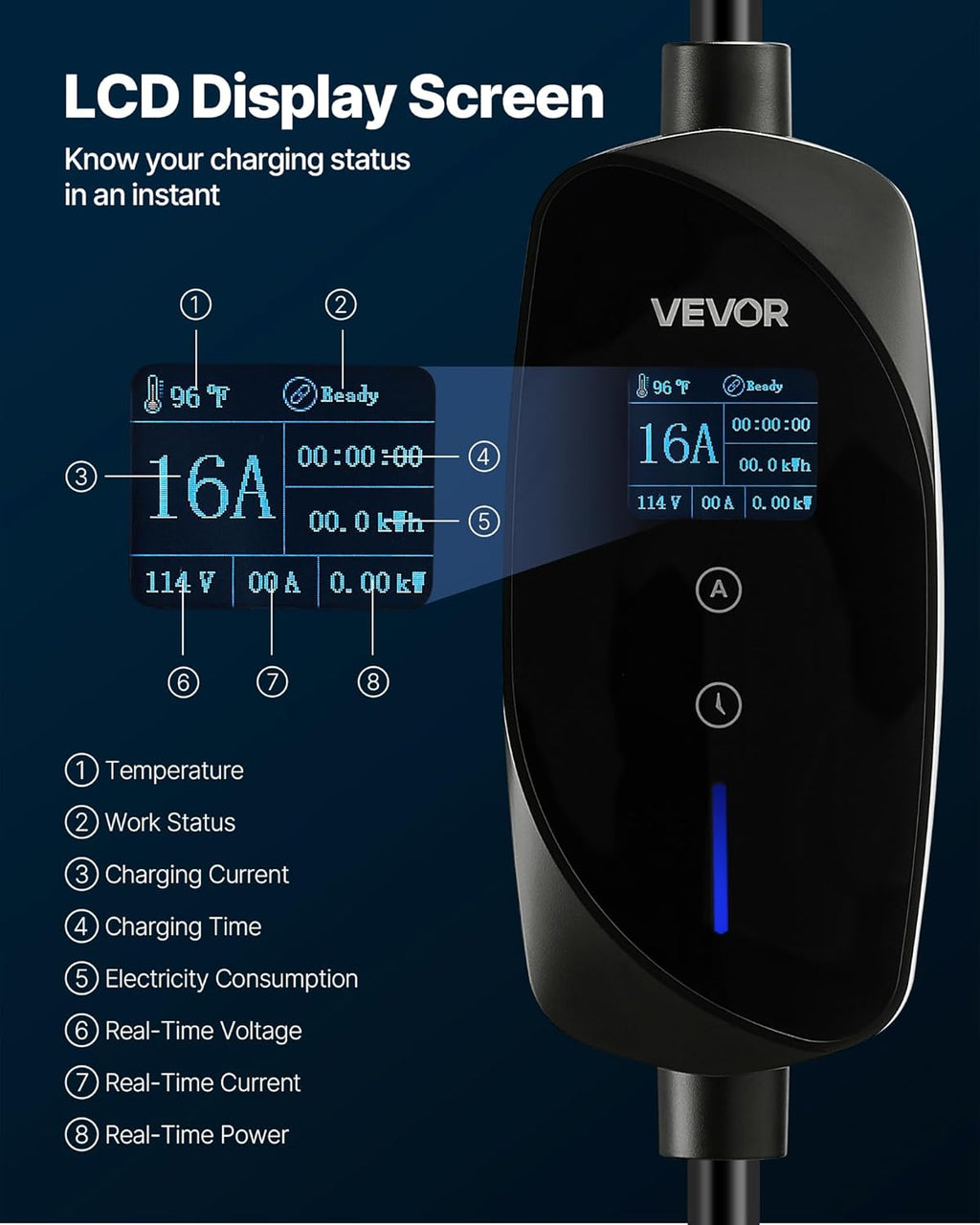 VEVOR Level 1&2 EV Charger, 16 Amp Adjustable Current, Electric Vehicle Portable Charger with 25 ft Cable, 120V-240V, NEMA 6-20P Plug NEMA 5-15 Adapter, LCD, Home Car Charging Station for SAE J1772 EV