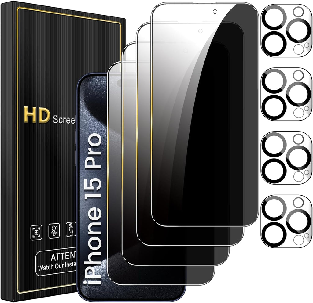 4 Pack Privacy Screen Protector for iPhone 15 Pro 6.1 Inch with 4 Pack Camera Lens Protector, Anti Spy Tempered Glass Film, Anti-Scratch, Touch Sensitive, Case Friendly