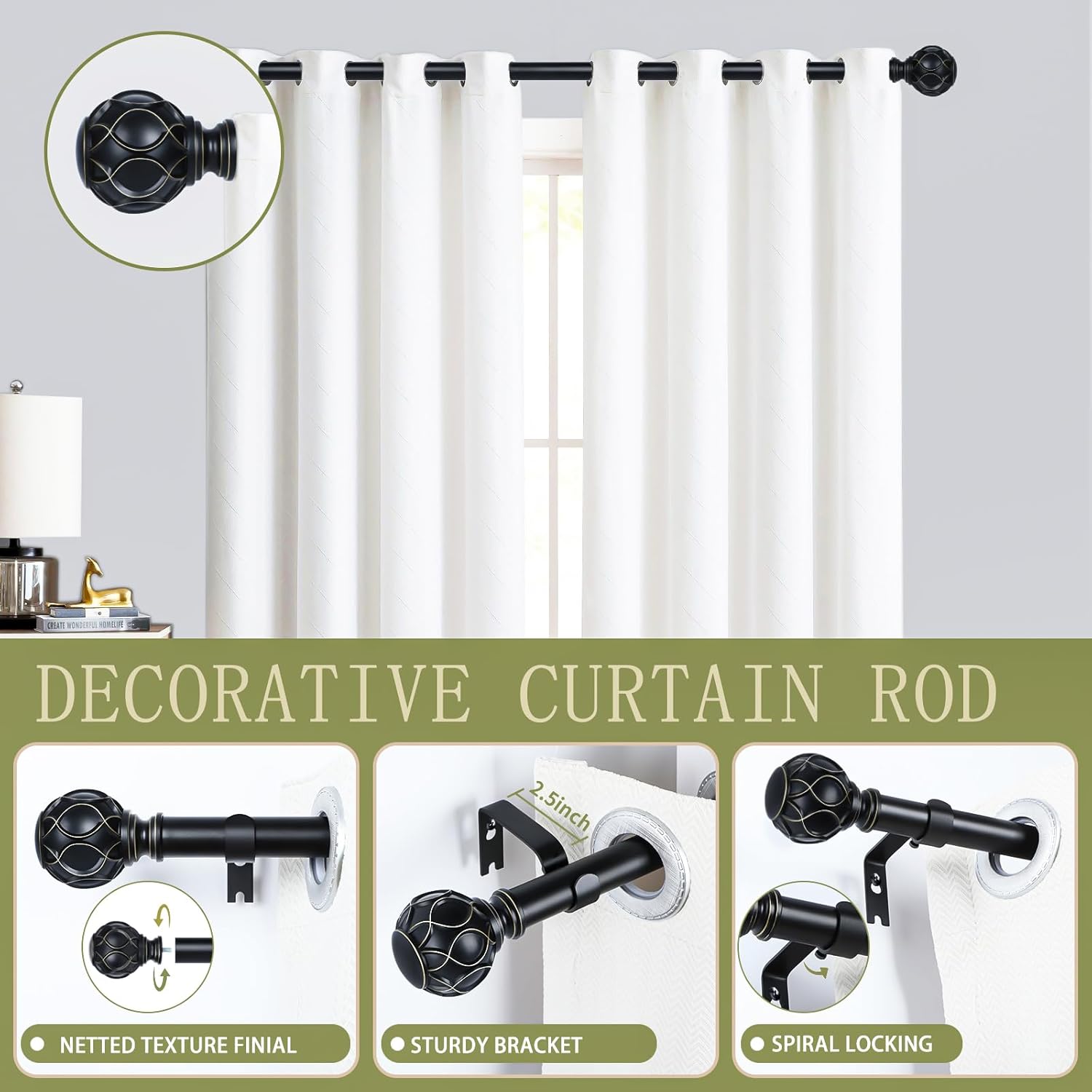 Black Adjustable Curtain Rods for Windows:Farmhouse Heavy Duty Curtain Rod for Bedroom Living Room,Boho Decorative Rustic Drapery Rods with Vintage Coastal Finials,Matte Black 2 Pack 36-88"