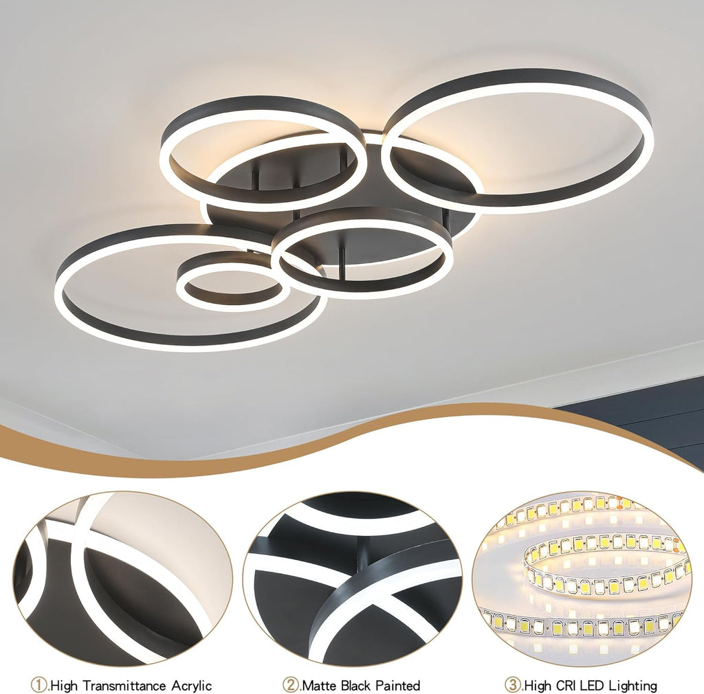 O'NEELDY Black Flush Mount Ceiling Light Dimmable Dining Room Light Fixture Round 6 Rings Modern LED Ceiling Light with Remote Control 47" Kitchen Lighting Fixture Ceiling Lamp for Living Room,Bedroom
