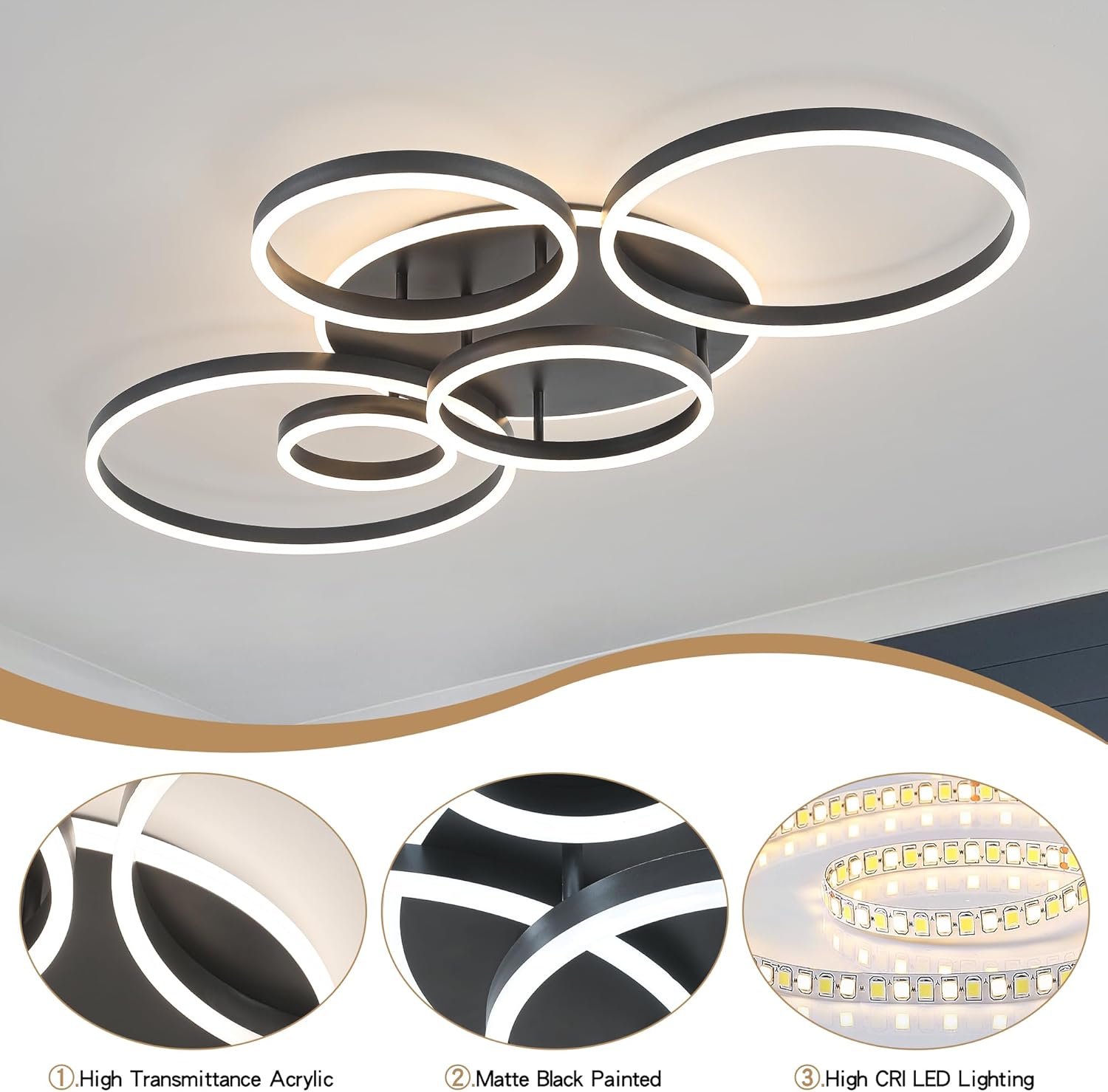 O'NEELDY Black Flush Mount Ceiling Light Dimmable Dining Room Light Fixture Round 6 Rings Modern LED Ceiling Light with Remote Control 47" Kitchen Lighting Fixture Ceiling Lamp for Living Room,Bedroom