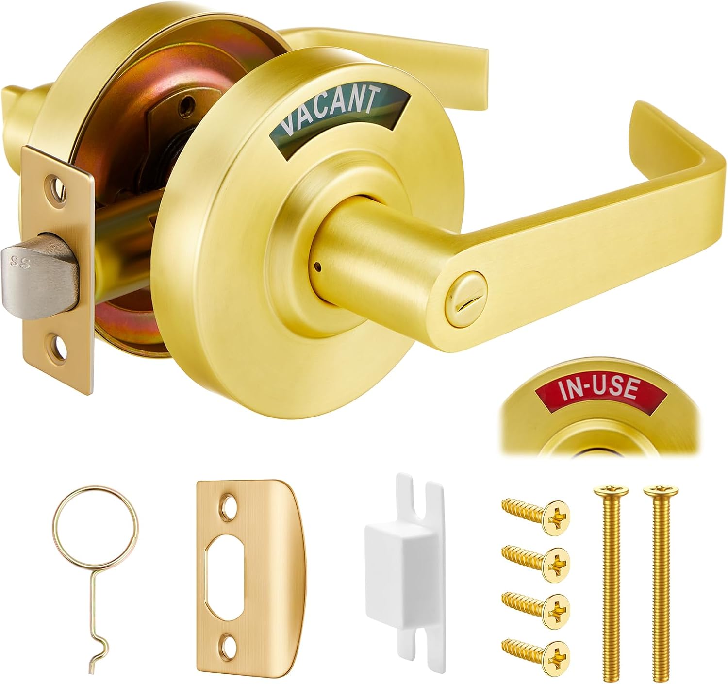 Tandefio 1 Set Vacant Occupied Bathroom Lock, Commercial Door Handle with in-use or Vacancy Occupied Deadbolt, Privacy Indicator Restroom Handle Lock for Restrooms, Satin Chrome (90 mm,Gold)
