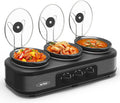 Triple Slow Cooker, Buffet Food Warmer with 3 * 1.5 Quarts Removable Ceramic Pots, Buffet Servers and Warmers with Glass Lids and 3 Spoons, Stainless Steel,Grey