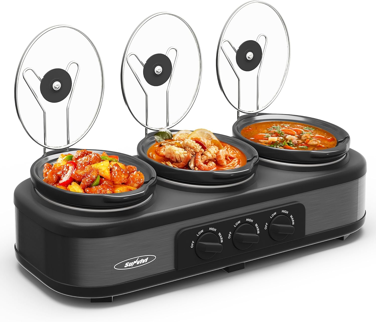 Triple Slow Cooker, Buffet Food Warmer with 3 * 1.5 Quarts Removable Ceramic Pots, Buffet Servers and Warmers with Glass Lids and 3 Spoons, Stainless Steel,Grey