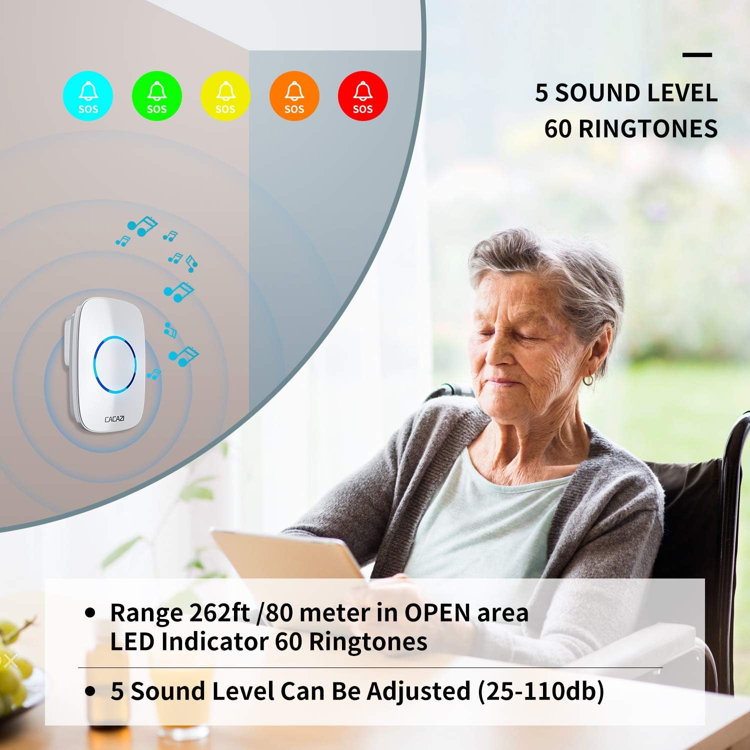 Caregiver Pagers Wireless Call Button for Elderly Patient Personal in Home Life Alert System for Seniors Range 260ft/80Menter,60 Ringtones (1SOS Button+1 Receiver)