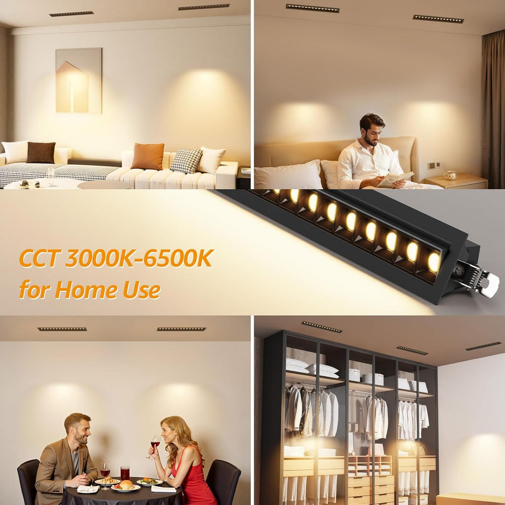 LED Linear Recessed Spotlight 4 Pack, Black Aluminum Recessed Grille Spotlight with Junction Box, Dimable 5 CCT 3000K-6500K, TRIAC Dimming Lighting for Living Room Kitchen Bedroom Hallway