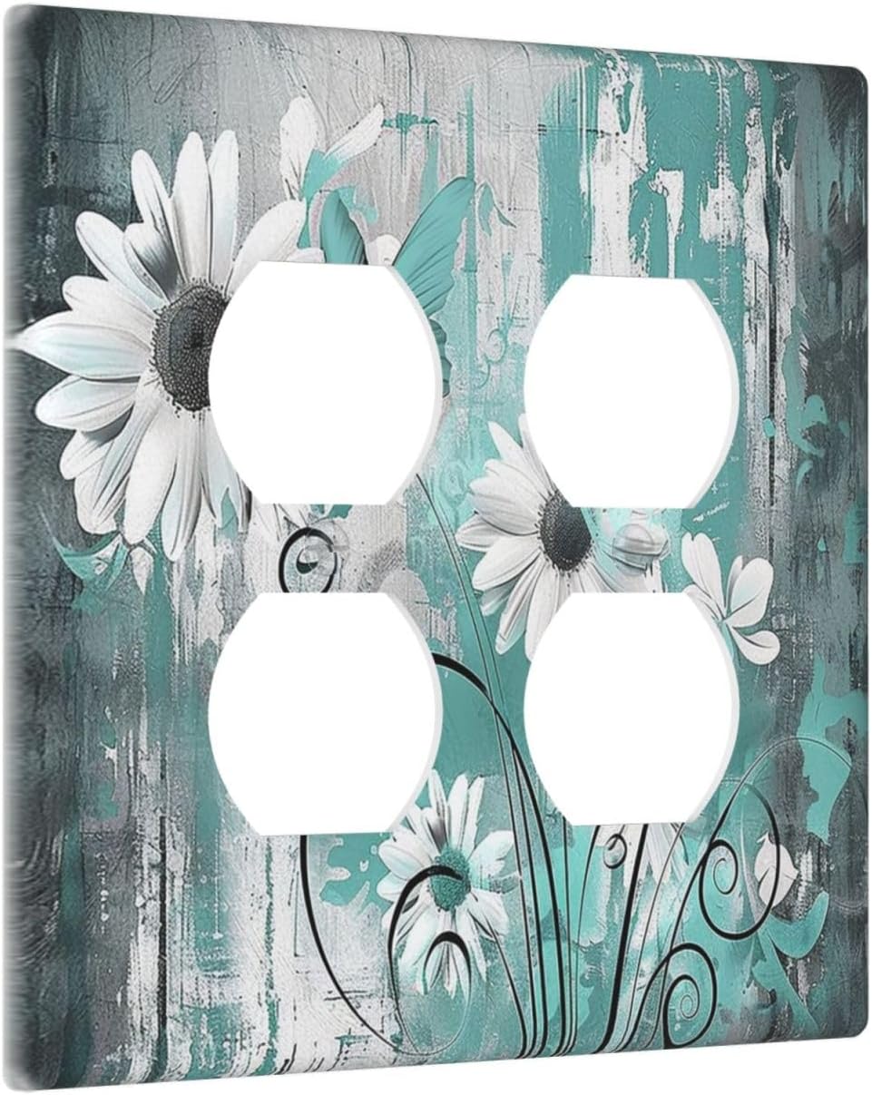 Outlet Covers Teal Daisy Floral Vintage Wood Plank 2 Gang Double Duplex Decorative Light Switch Covers Electrical Wallplates Socket Faceplate For Farmhouse Cabin Decor