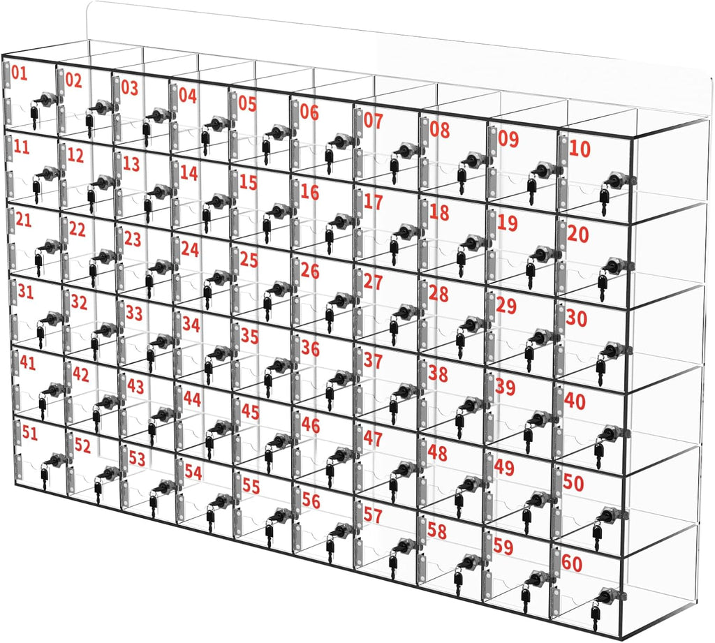 100 Slots Cell Phone Locker Acrylic Cell Phone Lock Box with Door Locks and Keys, Wall-Mounted Cell Phone Storage Cabinet for Office Classroom Gym Firms, Clear Lockers for Storage (Large 60 Slots)