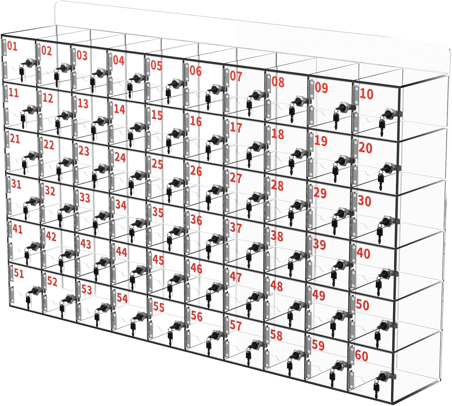100 Slots Cell Phone Locker Acrylic Cell Phone Lock Box with Door Locks and Keys, Wall-Mounted Cell Phone Storage Cabinet for Office Classroom Gym Firms, Clear Lockers for Storage (Large 60 Slots)