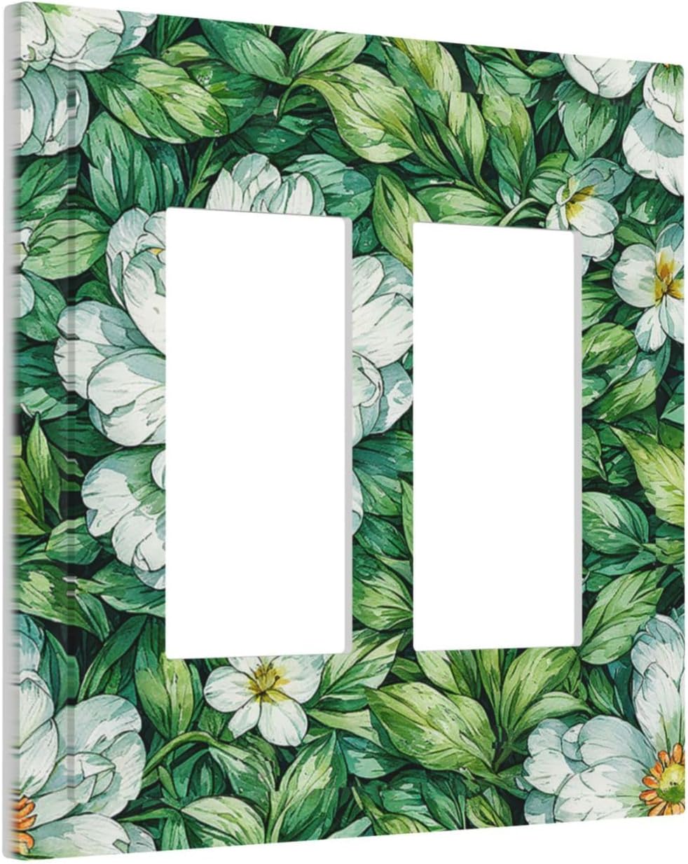 Vintage Floral White Flowers Green Plants Leaves Decorative Outlet Covers 2 Gang Double GFCI Rocker Light Switch Cover Plate Electrical Wall Panels for Bedroom Bathroom Decor